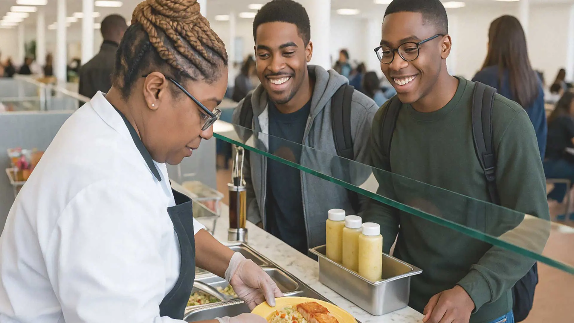 Students smiling while waiting for dish